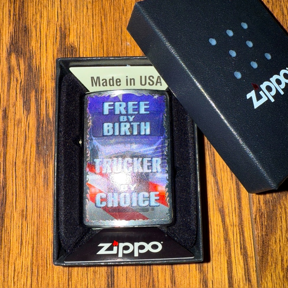 Zippo Lighter Free By Birth Trucker By Choice w/ Original Box New Gift USA Flag